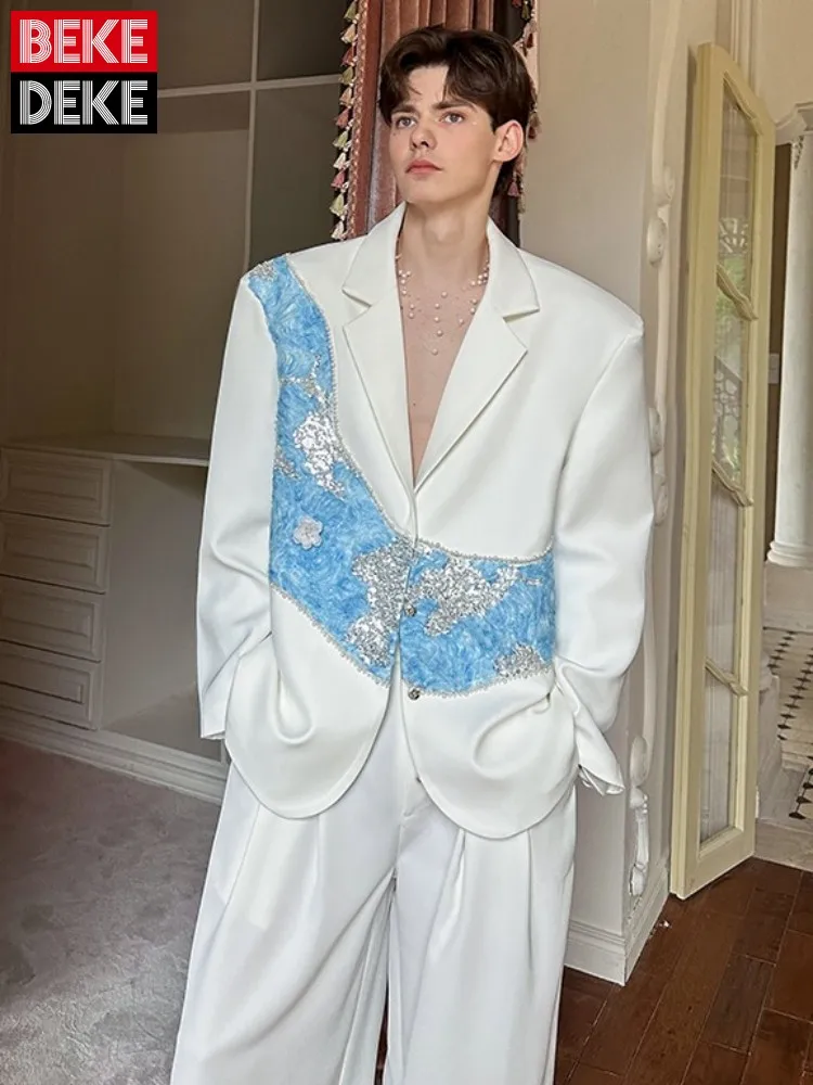 Spring Casual Mens Loose Fit Sequined Blazers Single Breasted Wide Leg Pants Two Piece Set Designer Party Fashion Suits Sets