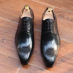 Sapatos de couro genuíno para homens, sapatos clássicos de negócios, Oxford Derby, Lace Up, escritório, casamento, sapato formal, moda masculina, alta qualidade