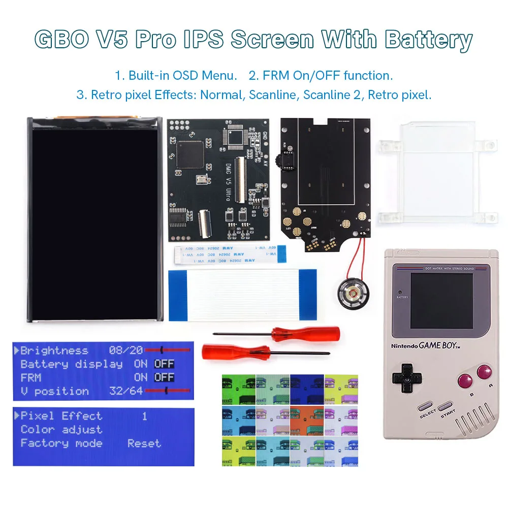 

8 Colorful Models Full Size GBO DMG IPS V5 Pro Backlight Backlit LCD Kits w/Pre-cut Housing Shell Speaker For GameBoy