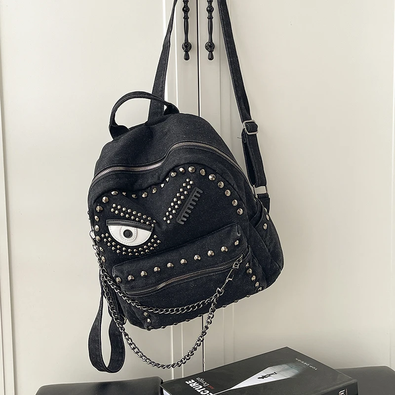 Vintage Denim Rivet Backpack Women Punk Eye Pattern Chain Decor Rucksack Gothic Studded Large Capacity Casual Travel Backpack view 2