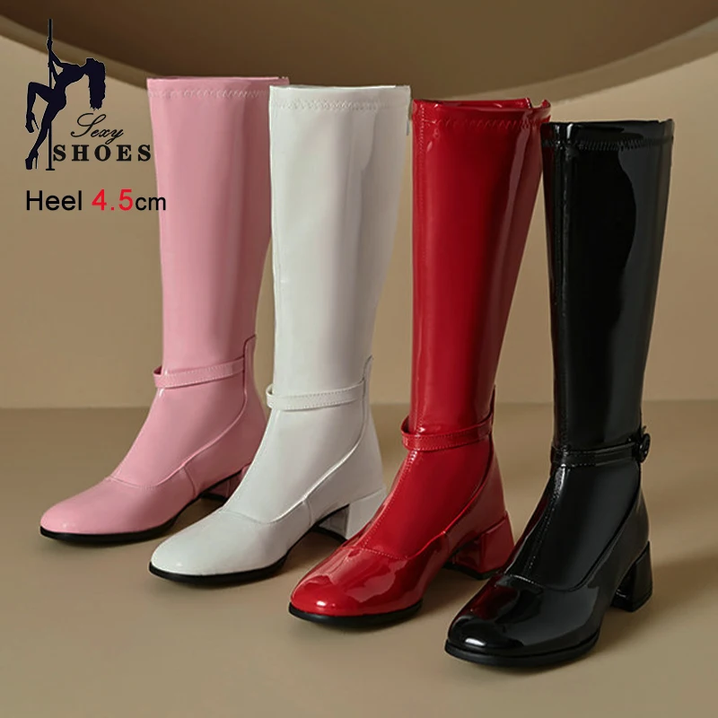 

Модные высокие сапоги, осенне-зимняя женская обувь, кожаные сапоги до колена с пряжкой и молнией сзади, женские высокие сапоги для танцев на пилоне