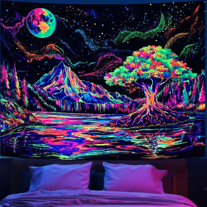 VIKAMA Trippy Skull Tapestry Wall Hanging Blacklight Uv Reactive Mushroom Forest Psychedelic Aesthetic Wall Art Dorm Decor