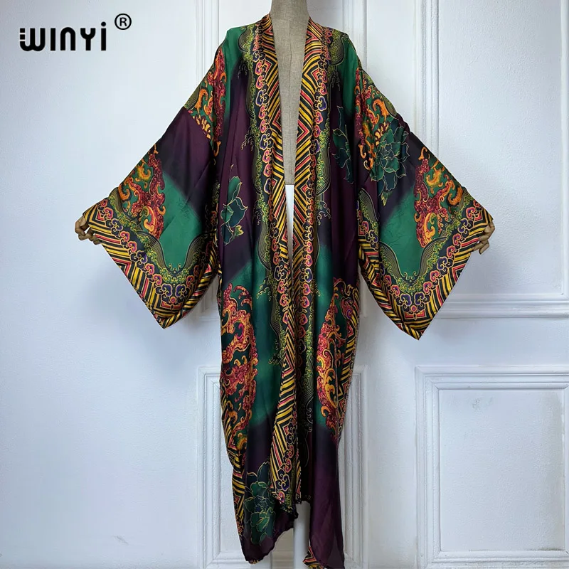 WINYI Africa boho print Kimonos long dresses for woman Cardigans beach outfits kaftan beach cover up evening dress maxi coat