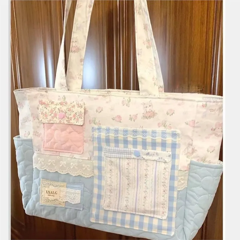 

Harajuku Patchwork Canvas Tote Bag With Printed Patterns Y2K Women Large Capacity Casual Shoulder Bags Ladies Vintage Tote Bag