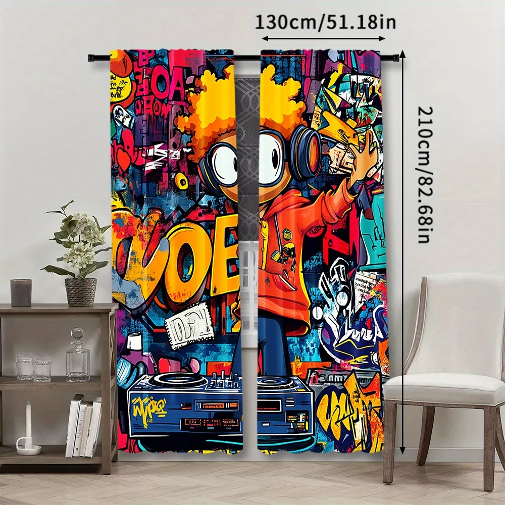 Graffiti DJ Art Blackout Curtains -Colorful Urban Street Style Hip Hop Music Graphic Window Drapes for Teen Room Game Room Decor