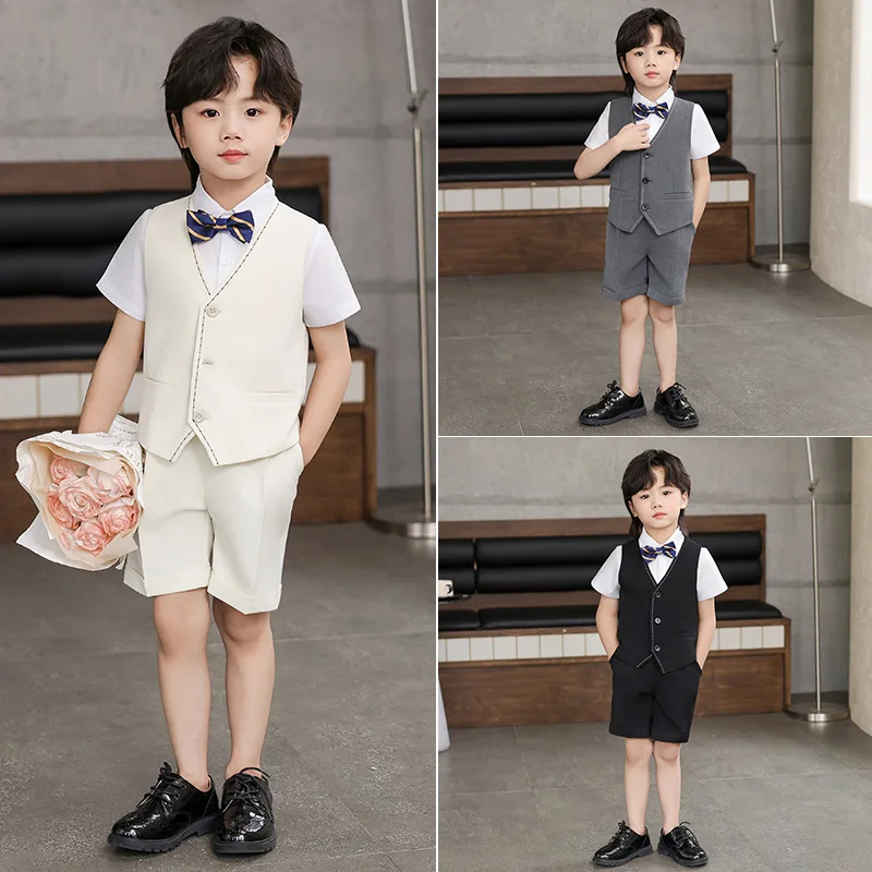 

British Style Children Boy Summer Suit Handsome Boy Speech Piano Performance Suit Outfit Elementary Student Boy 3/4/5Pcs Clothes