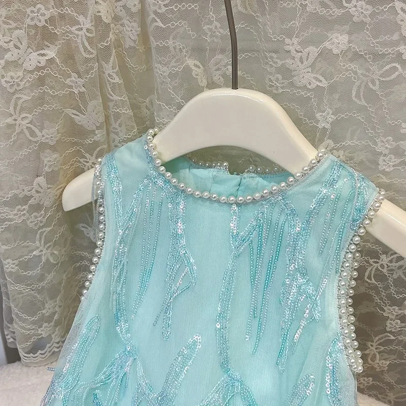 เด็กสาวเจ้าหญิงชุดลูกไม้ทารกเด็กวัยหัดเดินเด็กแขนกุดSequined Bow Pearl Vestido Partyวันเกิดเสื้อผ้าเด็ก 2-14Y