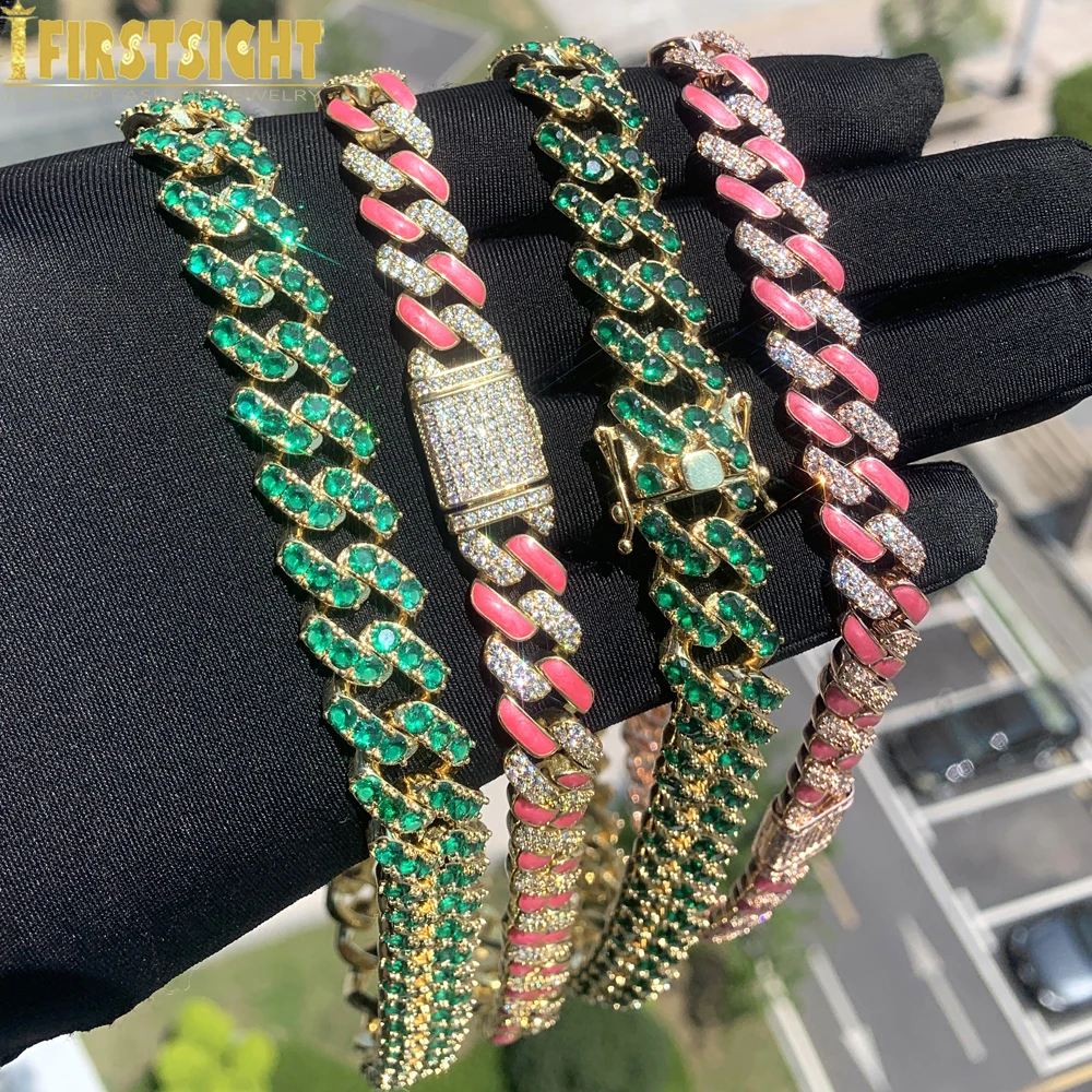 

New 11mm Miami Iced Out Bling Choker Pink Enamel 2 Raw CZ Cuban Chain Hip Hop Necklace Women Fashion Party Jewelry Set