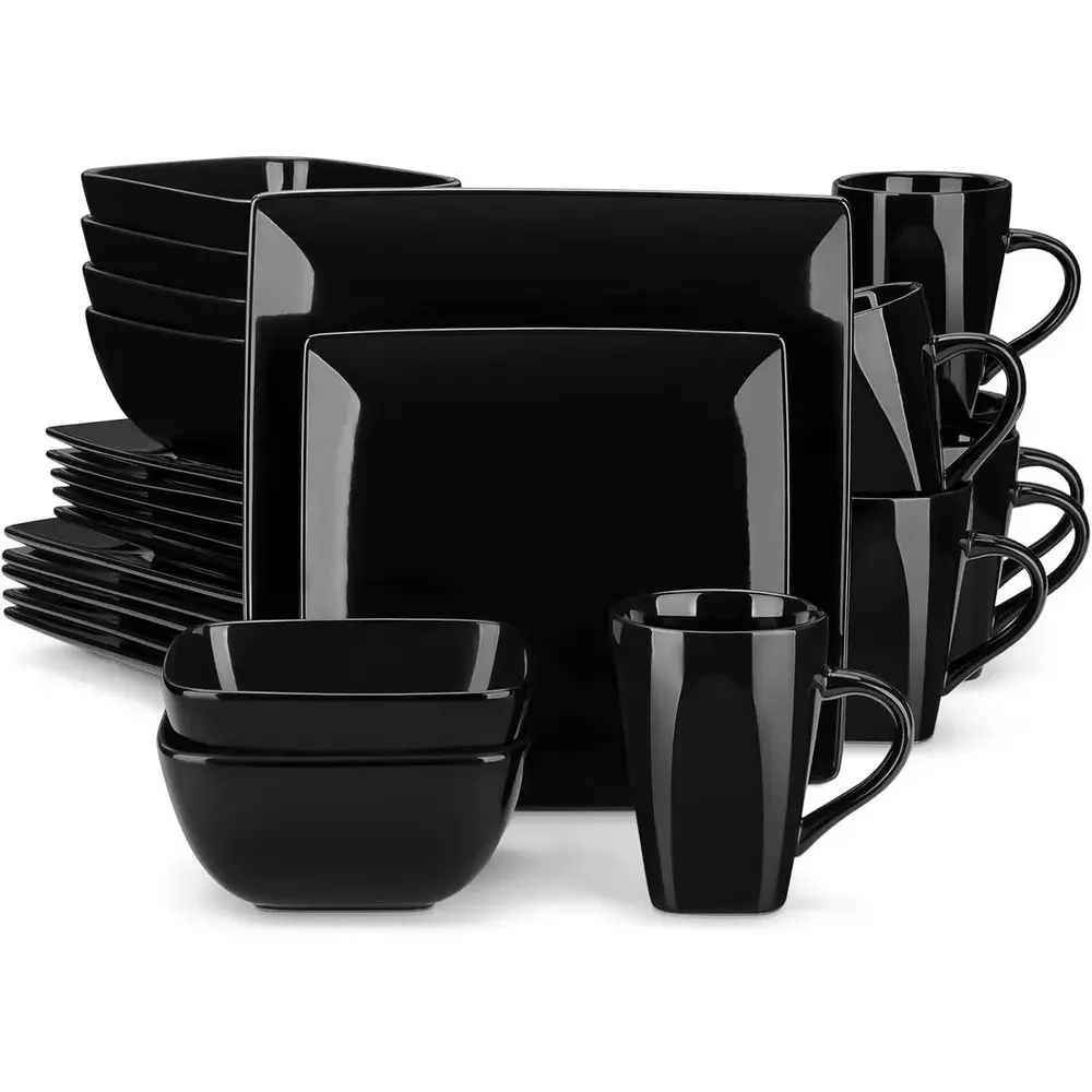 

Soho Dinnerware Sets 24 Pieces, Black Stoneware Square Place Setting, Dinner Plate, Cups and Plates Sets or Kitchen, Dish Set or