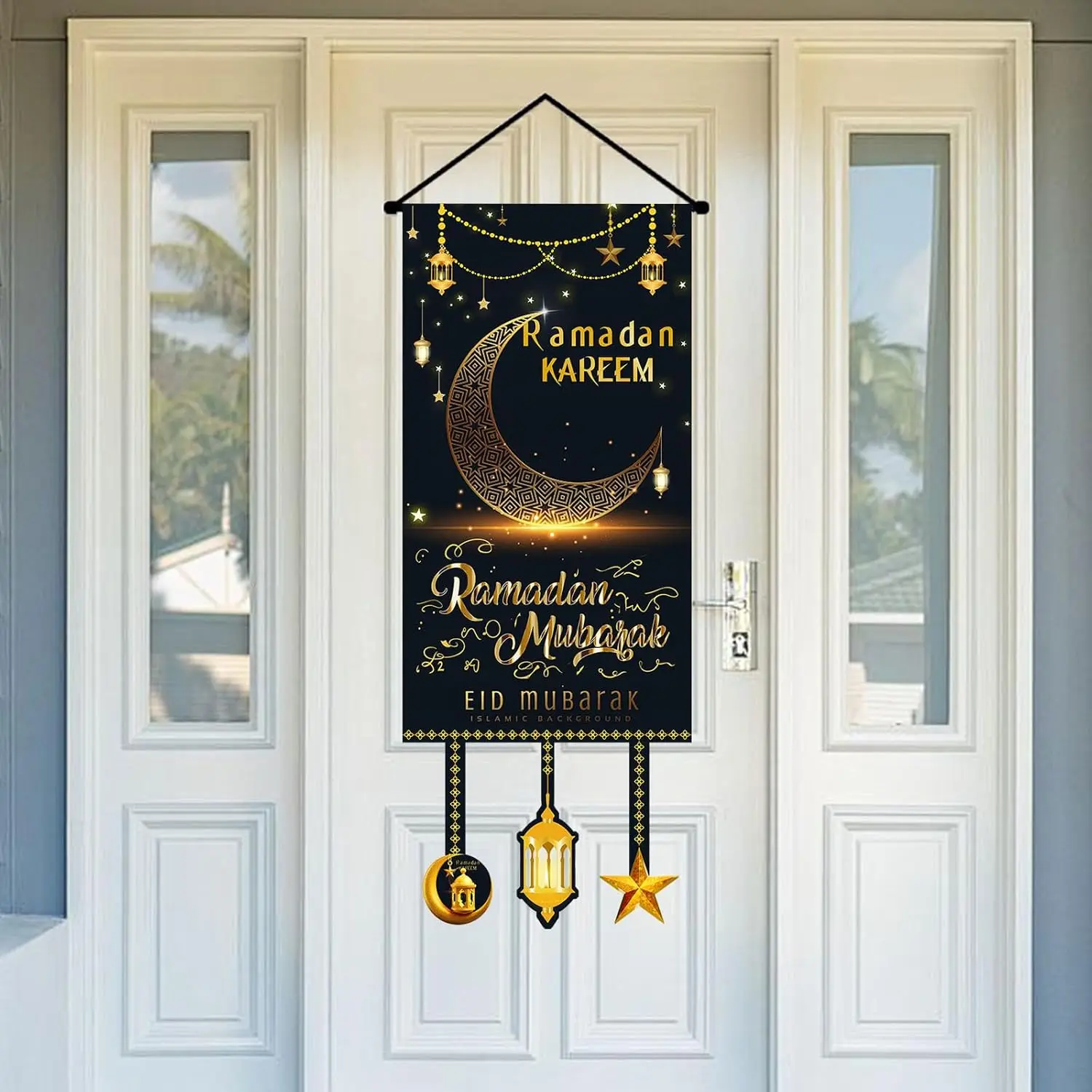 2-in-1 Ramadan EID Mubarak hängendes Türschild EID dekoratives Hängeschild Partydekorationen Schwarzgold Mondlaterne Banner für