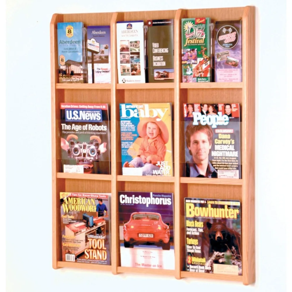 9 Magazine/18 Brochure Wall Display Magazine Rack, Light Oak