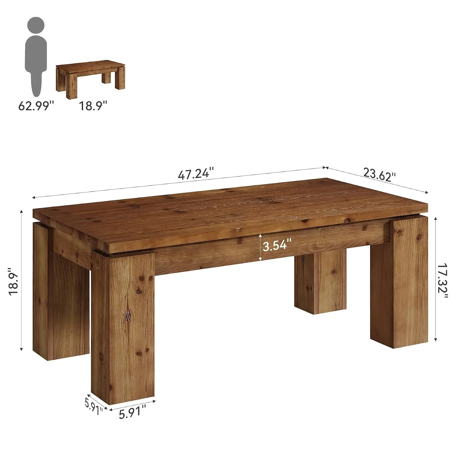 Solid Wood Coffee Table 47 Inch Rectangular Chunky Leg Living Room Rustic Farmhouse Heavy Duty Home Apartment, Customized