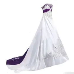 Embroidery Corset A Line Wedding Dress White And Purple Satin Bridal Gown Strapless Beaded Long Customized Country Bride Wear