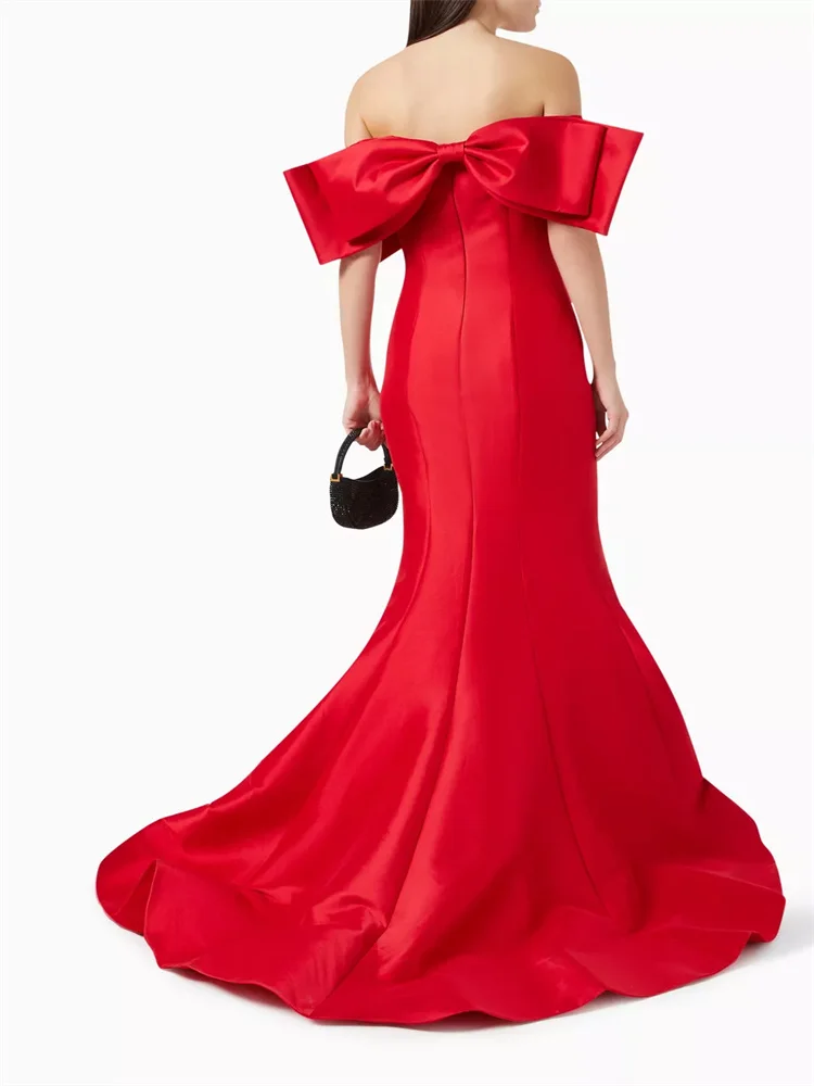 Hot Selling Off Shoulder Bodice With Bow Satin Mermaid Prom Dress Sexy Open Back Zipper Floor Length Sweep Train Gown For Women