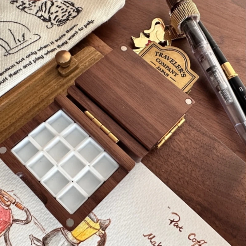 Pure Handmade Customized Wooden Pigment Box Exquisite and Compact Portable Color Box 12 Color Watercolor Travel Box