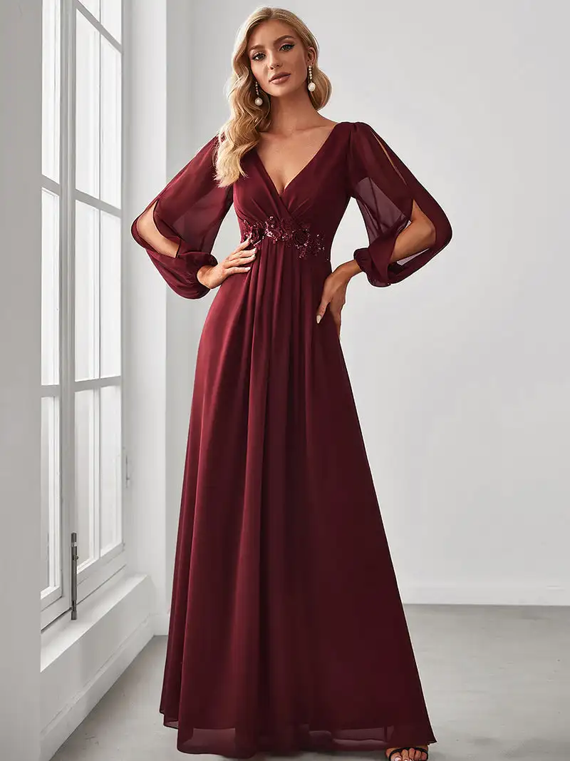 Elegant Evening Dresses Long Lantern Sleeves V-neck 2024 ever pretty of A-LINE Chiffon Burgundy flower beltbelt Prom Dress Women