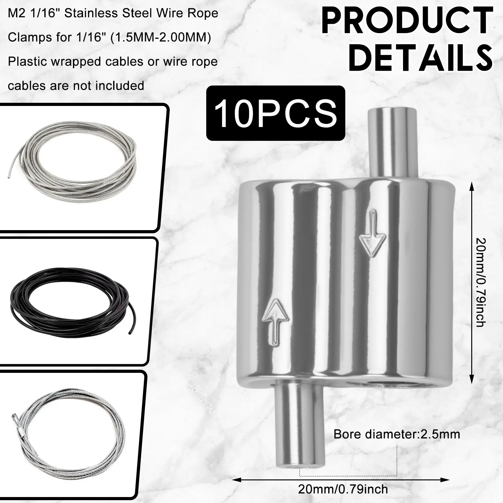 60/10PCS M2 M3  Stainless Steel Wire Rope Cable Clamp Adjustable Wire Rope Clip For 1/16 Inch 1/8 Inch Diameter Wire Cable