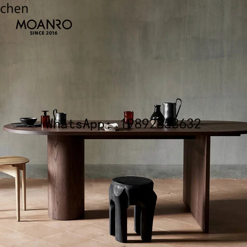 

Solid Wood Folding Dining Table Black Retractable Minimalist Oak Long Table Oval
