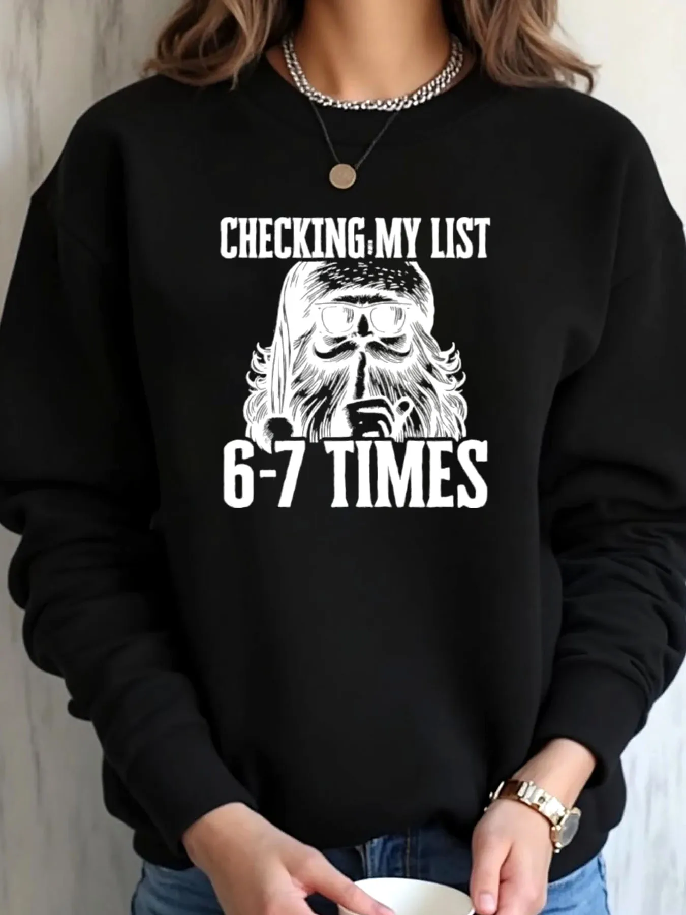 

Women Plus Size Sweatshirt Christmas Santa Checking My List 67 Times Print Outdoor Wear