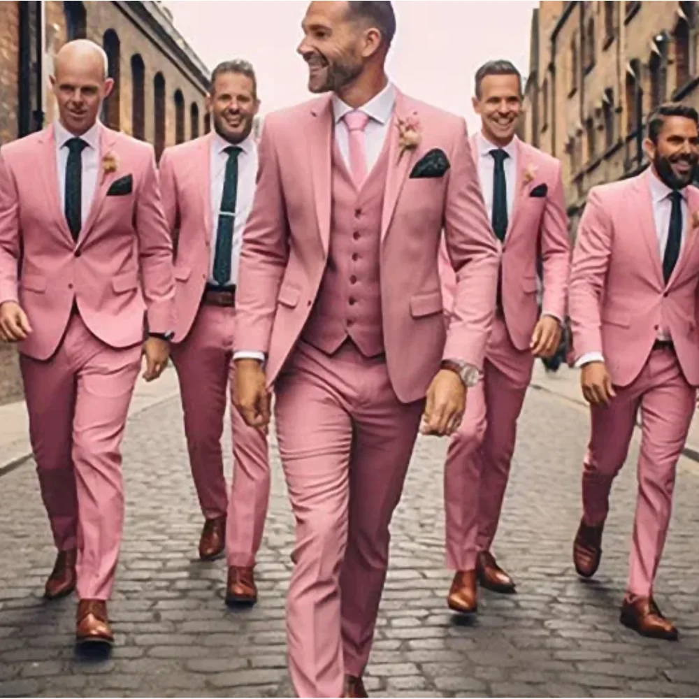 

Свадебные розовые мужские костюмы из трех предметов с двумя пуговицами и лацканами, мужская одежда обычной длины, деловое платье, куртка на заказ, брюки, жилет