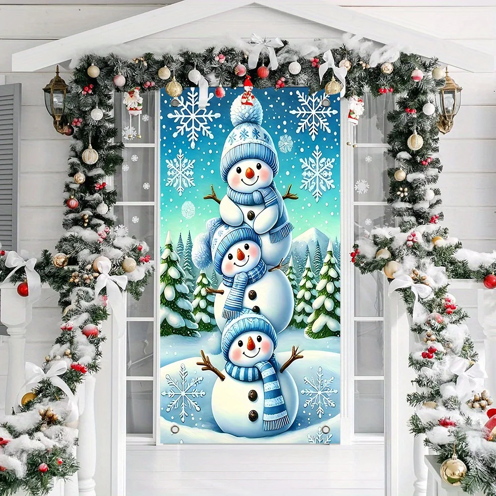 لافتة باب بوليستر مسطحة ثنائية الأبعاد مع موضوع شتوي، مناسبة لتزيين المنزل والحفلات #6