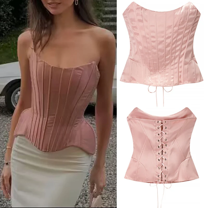 

Summer Solid Color Sleeveless Backless Slim Strapless Tops Women Fish bone Lace-up Decoration Vest Female Sexy Beach Wear 2025