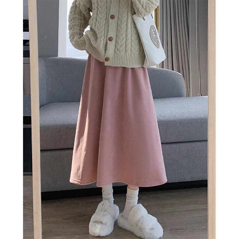 MEXZT Vintage Corduroy Midi Skirts Women Korean Black Pink Fleece Pleated Skirt Winter High Waist Velevt Thicken A Line Skirts