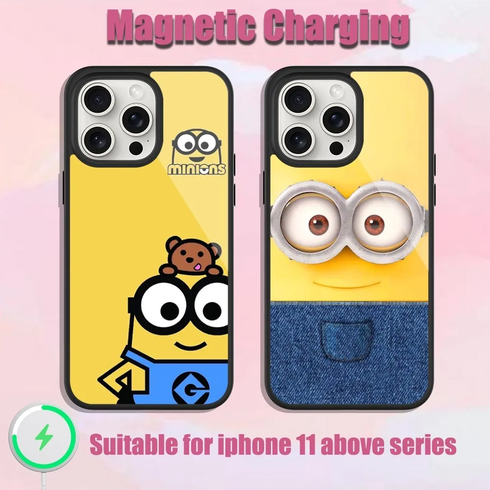 

BEAST KINGDOM Cartoon Cute M-Minions Phone Case For iPhone 13 15 11 12 14 Plus Pro Max Glass Charging Magsafe Magnetic Cover