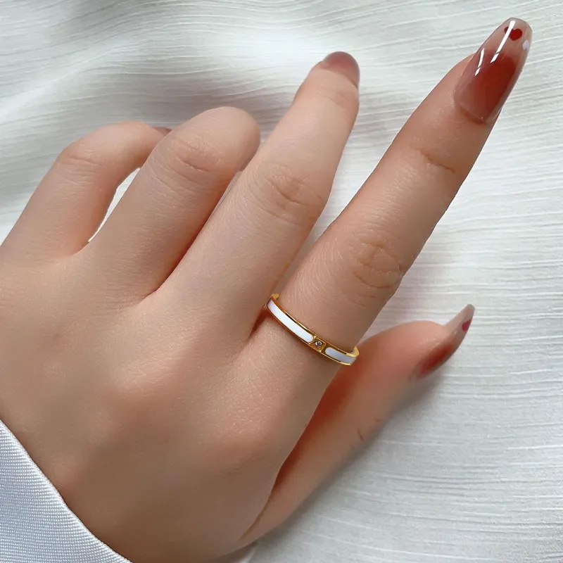 Stainless Steel White Enamel Single CZ Thin Stackable Ring Wedding Band for Women Girl Size 5-10