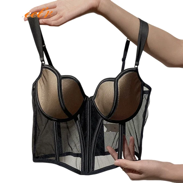 kuclut Sexy Push Up Bra Transparent Lingerie Lace Thin Shaper Bra French Beauty Back Underwear Female Fishbone Corset