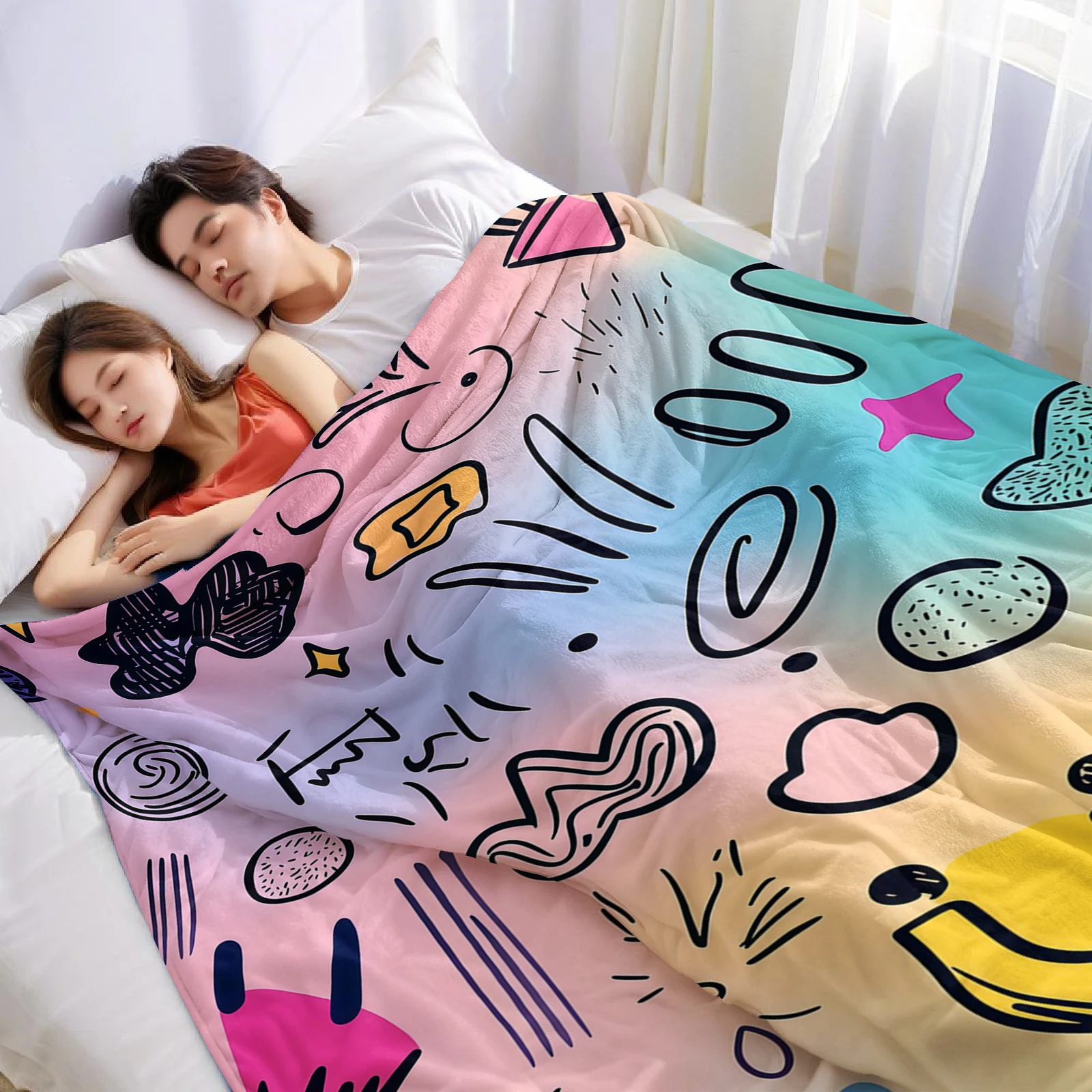 Abstract Shape Cartoon Anime Print Flannel Blanket Soft Warm Throw for Kids Bedroom Sofa Bed Christmas Office Car