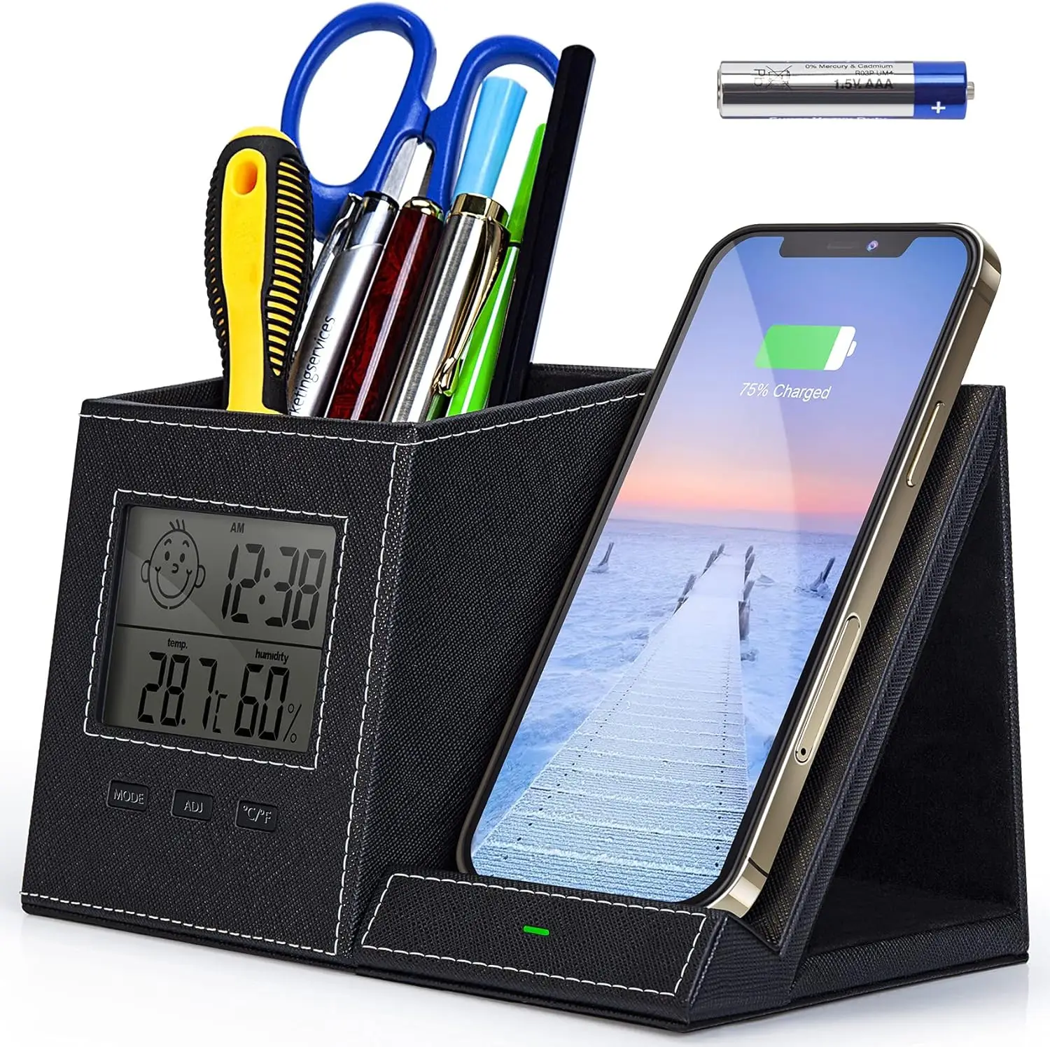 

Multifunctional Pen Holder and Organizer for Desk with Wireless Charger, Digital Indoor Thermometer and Humidity Gauge,