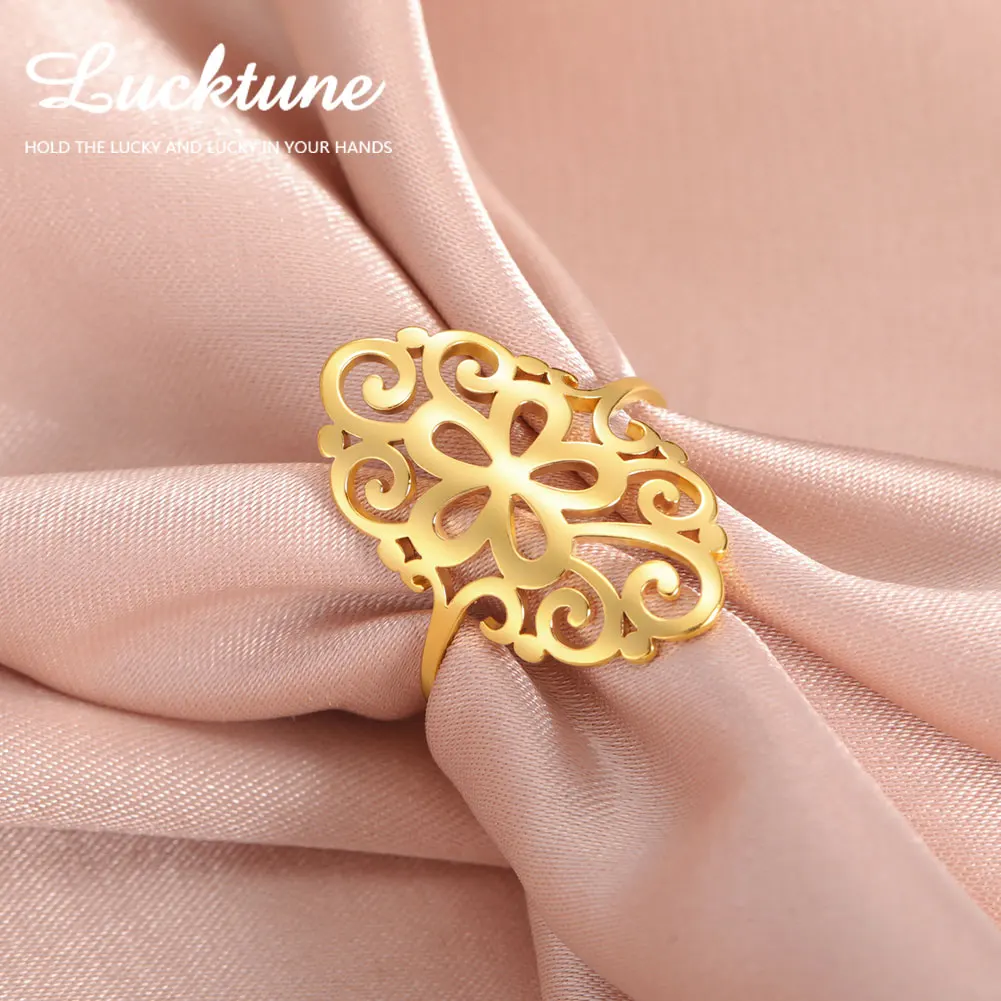 Lucktune Gold Color Filigree Floral Rings for Women Stainless Steel Huge Flower of Life Finger Ring Vintage Jewelry Wedding Gift