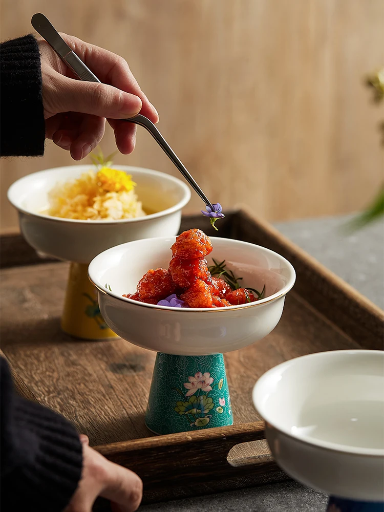 ชามทรงสูงสไตล์เรโทร จานชาหรูหรา จานใส่ผลไม้อบแห้ง จานอาหารจีน จานโชว์อาหารโรงแรม จานเซรามิกสไตล์จีน