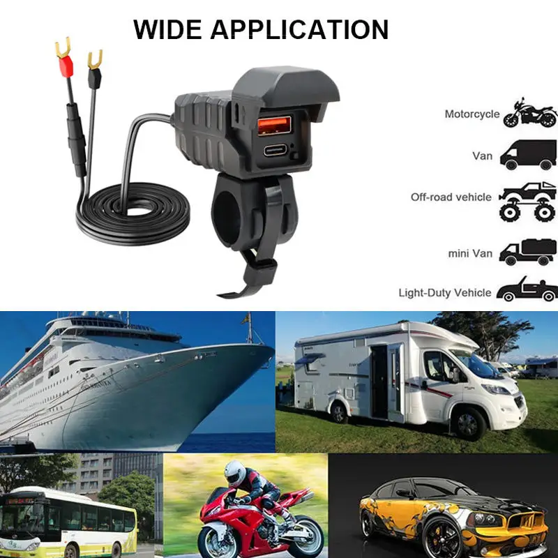 المزدوج USB شحن سريع نوع-C مربع مقاوم للماء شاحن دراجة نارية الفولتميتر محول شحن الهاتف QC3.0 12-24 فولت موتو ملحق #5