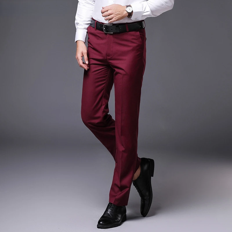 Mens Slim Fit Straight Pants Flat-front Causal Trousers Male Business Formal  Wine Red