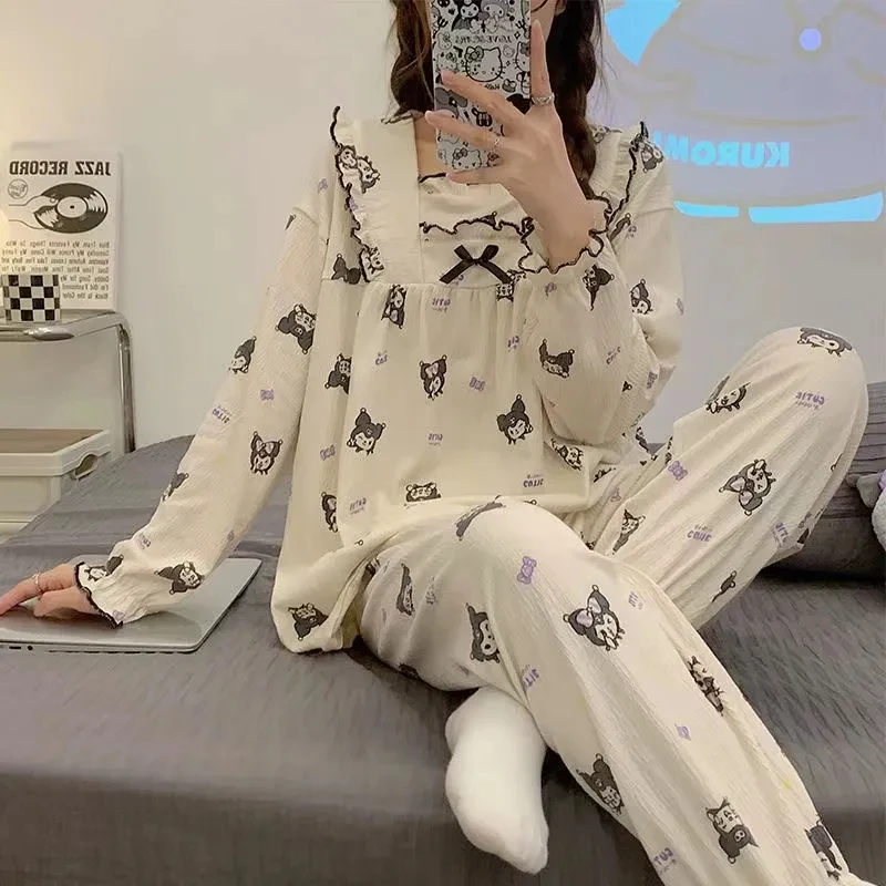 Set Piyama Wanita Kuromi Kawaii Kartun Pelajar Musim Semi dan Musim Gugur Santai Lengan Panjang Celana Panjang Longgar Pakaian Rumah Gaya Baru