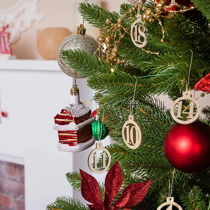 

24pcs Wooden Number with String for Christmas Advent Calendar Countdown - Unfinished Number Wood Pieces Christmas Decorations