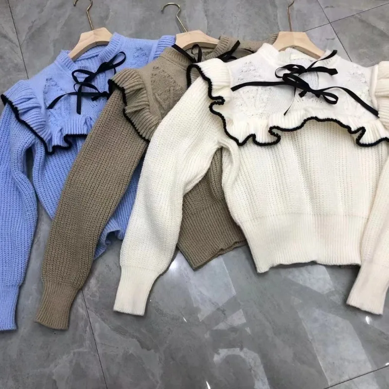 Lotus Leaf Collar Knitted Cardigan Women Coat Bow Sweater Cardigan Female Long Sleeved Knitted Loose Cardigan Autumn Winter