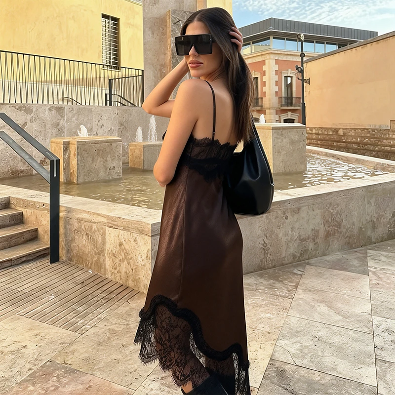 Abiti con giunture in pizzo di raso per le donne 2026 Abito longuette estivo con slip Donna Abito da sera sexy senza maniche Abiti eleganti femminili