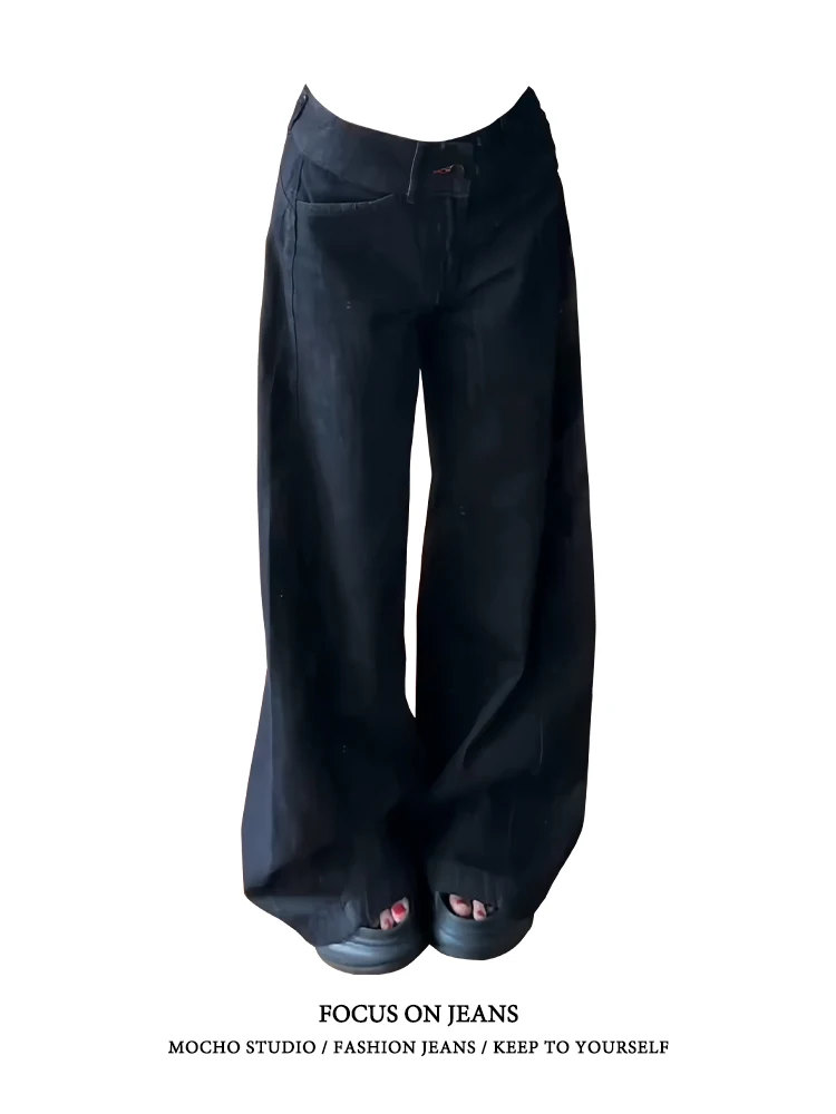 American Retro Low Waist Straight Leg Jeans Women Summer High Street Loose Slim Wide Leg Pants Denim Fabric Zipper Closure
