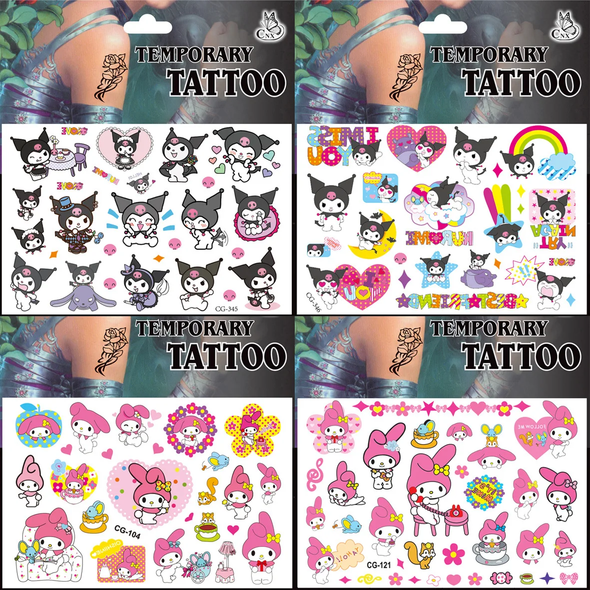 Pegatinas de tatuaje Sanrio de dibujos animados para niños, pegatina de impresión de transferencia de agua Kuromi My Melody, juguetes para niños