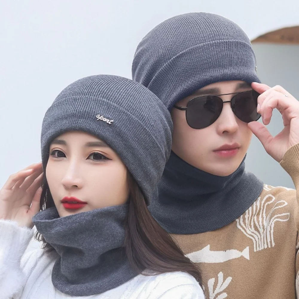 

New Thickened Hat Scarf Set Winter Warm Knitted Women Beanies Cap Integrated Cap Scarf Autumn Winter