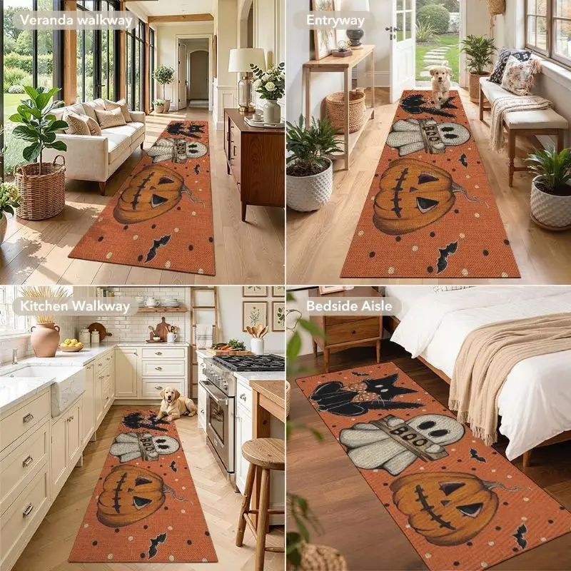 VIKAMA Orange Polka Dot BOO Ghost Rug, Cute Halloween Non-Slip Carpet, Aesthetic Bedroom Kitchen Fall Holiday Decor - view 6