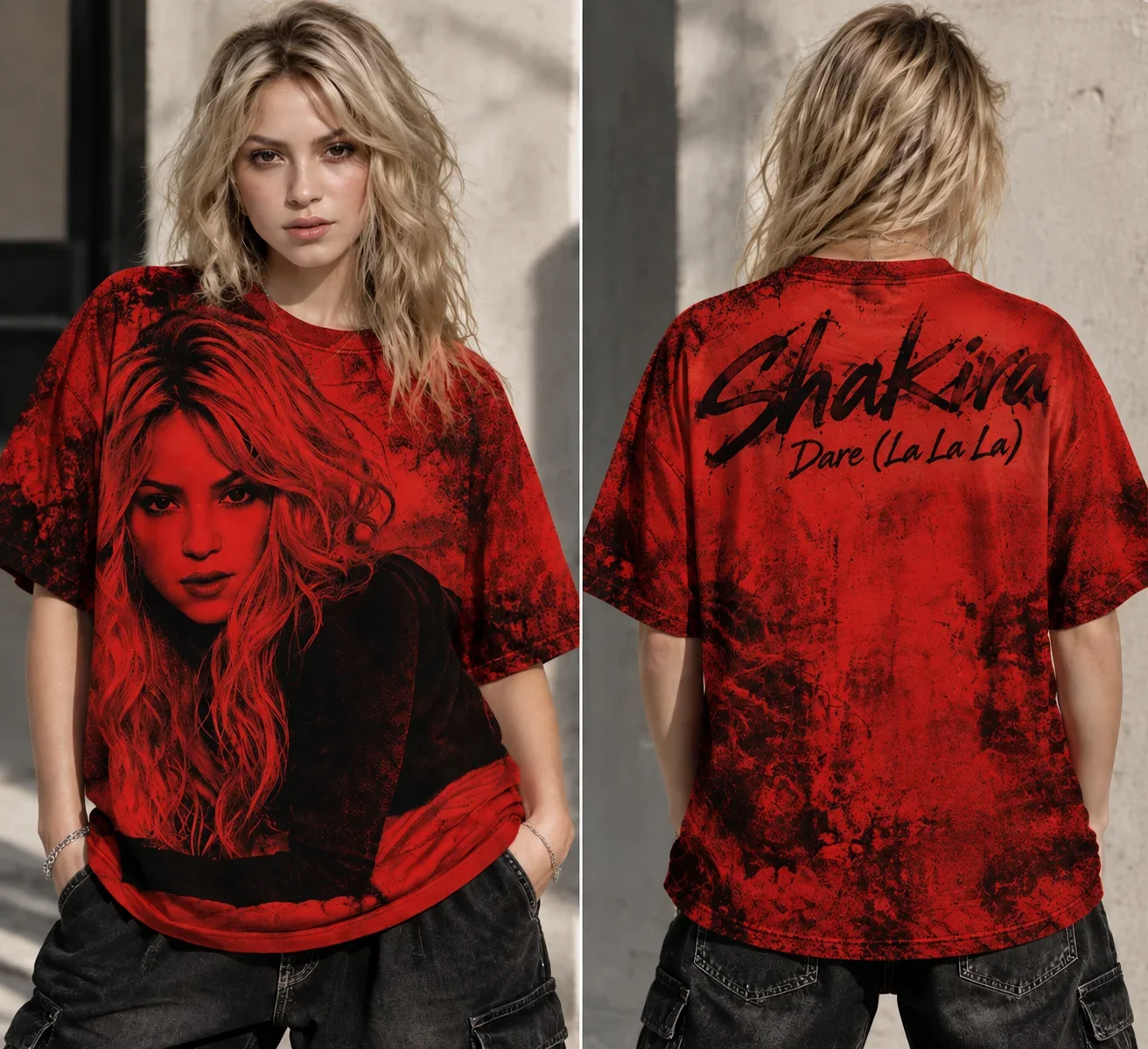 Unisex Shakira Laundry Service Vintage Distressed Tee Y2K Gothic Street Casual Oversized Short Sleeve Red Portrait for Fans