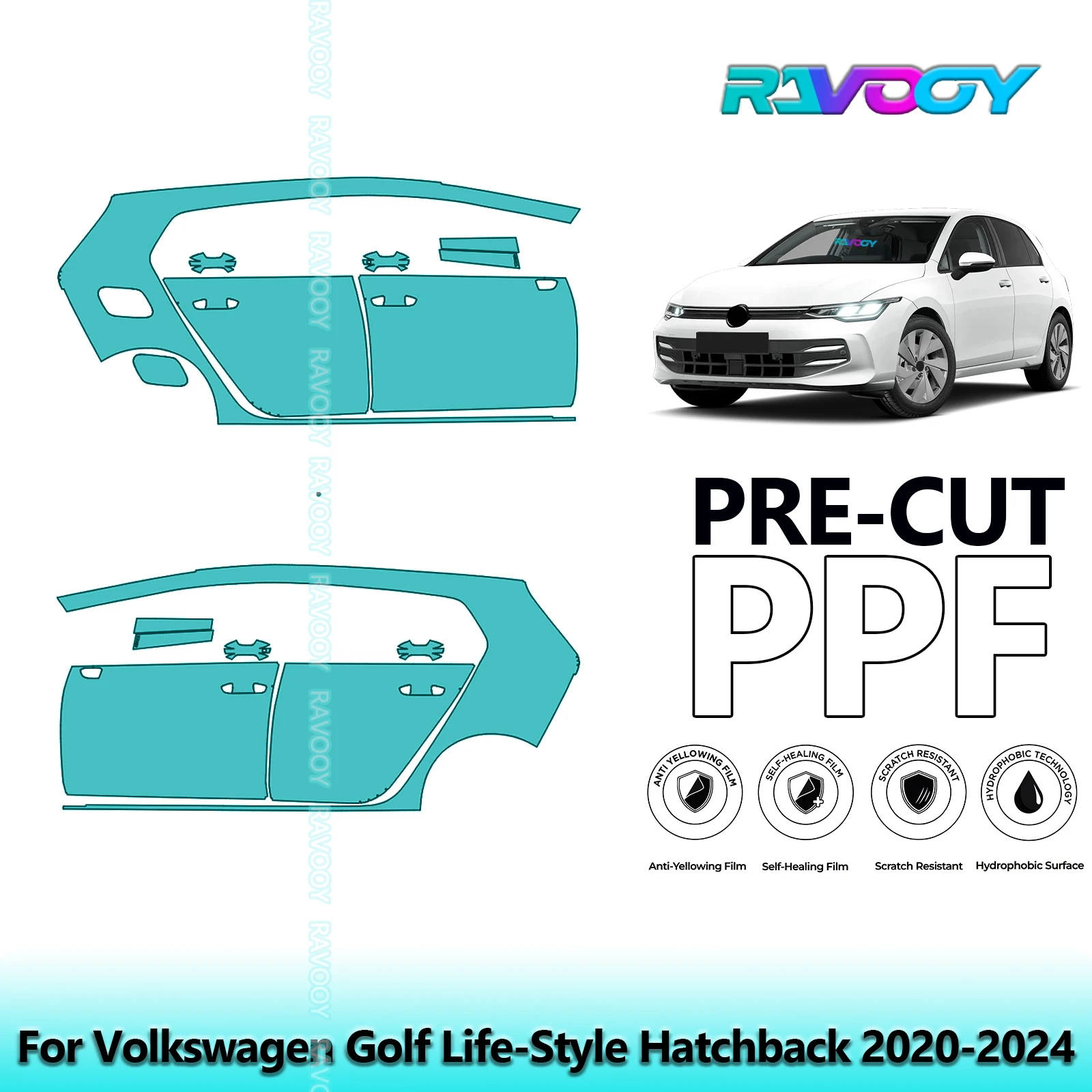 

For Volkswagen Golf Life-Style Hatchback 2020-2024 8.5mil Pre-Cut PPF Door & A/B Pillar Kit TPU Paint Protection Film Set