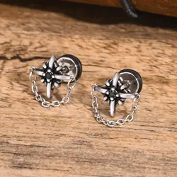 Mprainbow Tassel Chain Earrings for Men Boys,Stainless Steel Black Zircon Four-pointed Star Stud Earrings,Hiphop Jewelry Gift