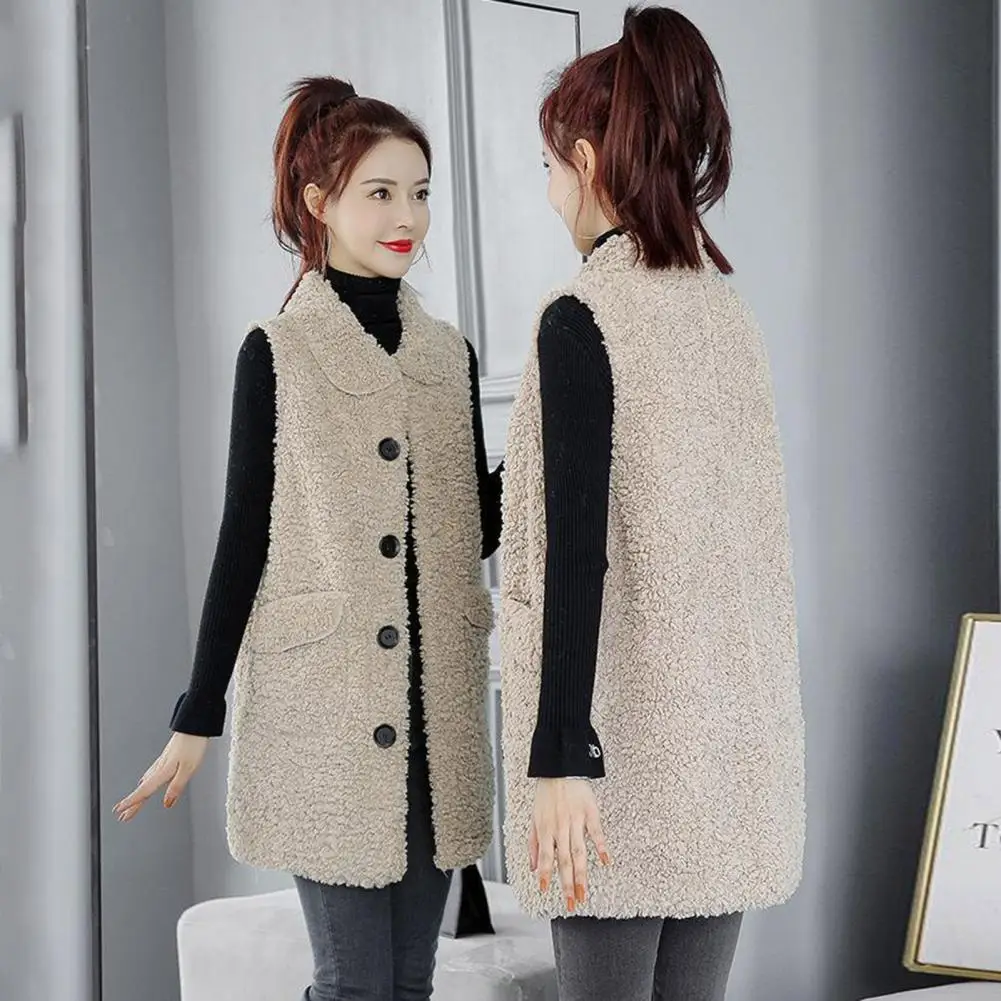 Winter Fleece Lady Weste mittellange einreihige Taschen Weste Mantel einfarbige Revers ärmellose Lady Jacke für den täglichen Gebrauch