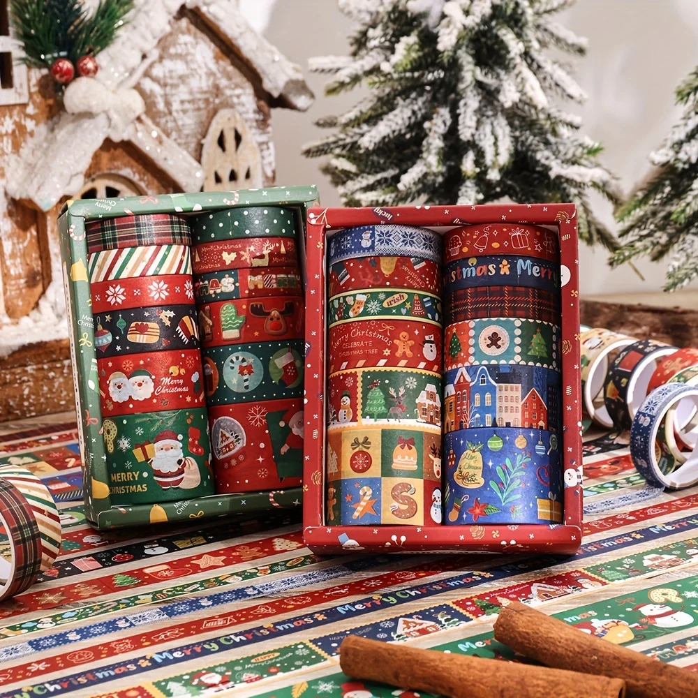12 롤 빈티지 크리스마스 와시 테이프 세트, DIY 공예품 선물 포장용 4가지 크기 불렛 저널 스크랩북 플래너 장식