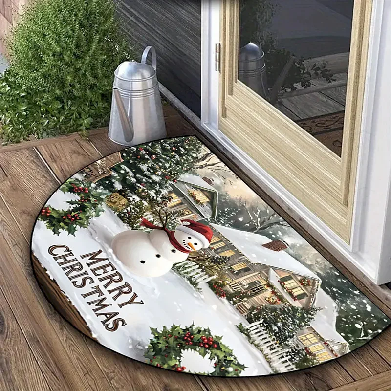 VIKAMA Santa Claus Snowman Printed Floor Mat, Semi-Circular Carpet, Anti Slip And Absorbent Entrance Door Mat, Home Decoration